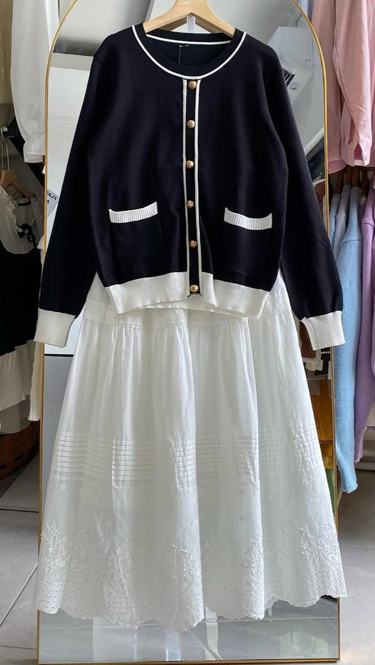 Sophia Pearl - Elegant Skirt and Cardigan Set Made of Cotton